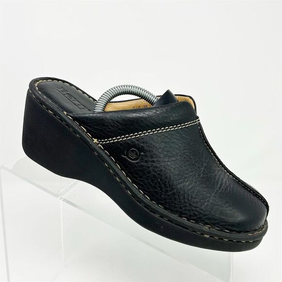 Born Women's Slip On Black Leather Mules Clogs Heels Size 7 Comfort Casual - Picture 1 of 14